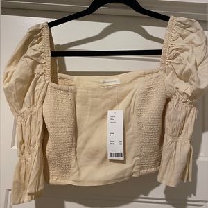 BNWT Urban Outfitters Linen Puff Sleeve Smocked Crop Top sz S